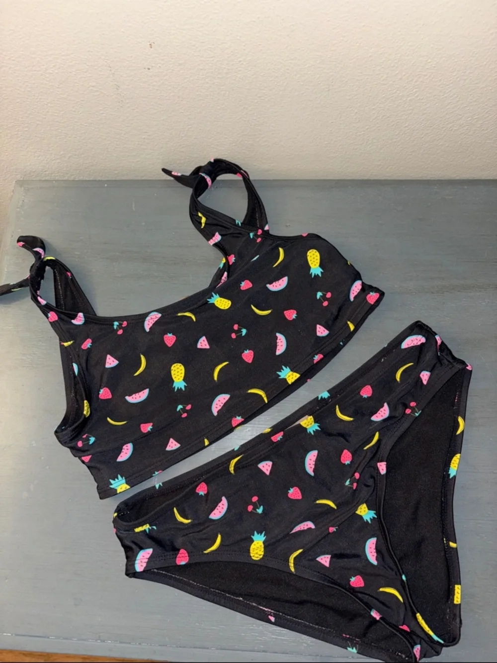 Old Navy Black Bikini Set with Fruit Detail Printed Tie-Shoulder Bikini sz Y XL
